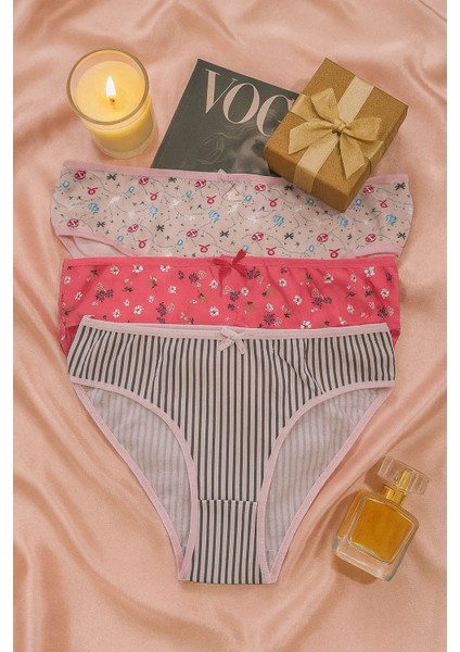 Kadın Pamuklu Desenli Slip Külot 3’lü Set – Çizgili & Çiçekli & Burç Temalı