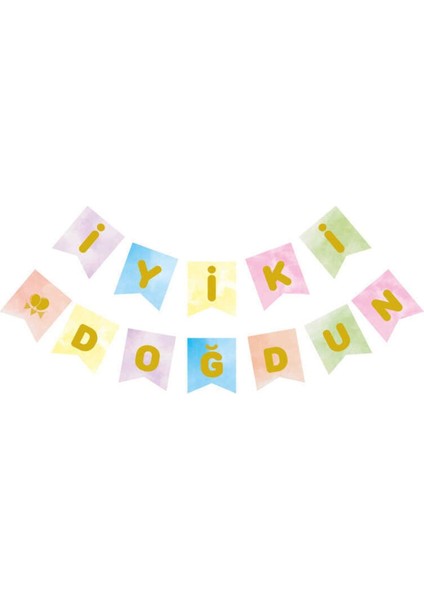 Renkli Makaron Flama, Altın Detaylı, Doğum Günü Süslemesi, 1 Adet