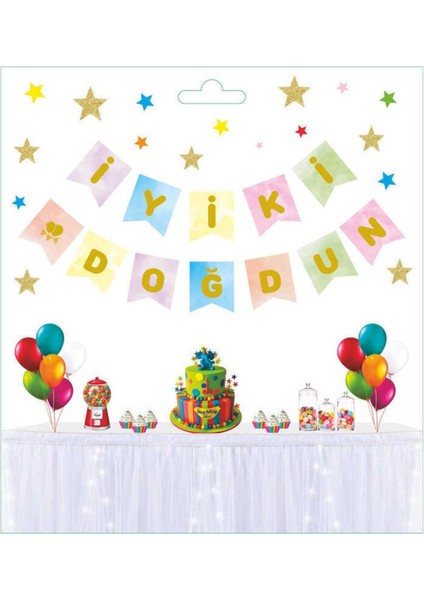 Renkli Makaron Flama, Altın Detaylı, Doğum Günü Süslemesi, 1 Adet fırsatları