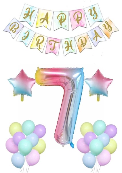 Renkli Gökkuşağı Yaş Doğum Günü Kutlama Seti, Rakam, Yıldız, Banner ve Makaron ile