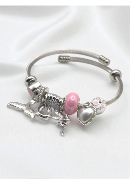 Pembe Kalpli Uyumlu Çelik Charm Bileklik