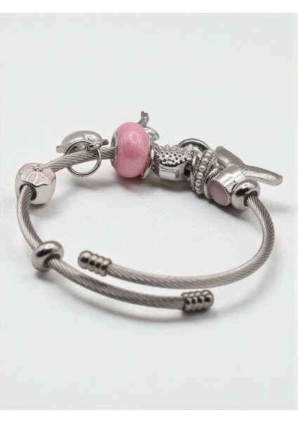 Pembe Kalpli Uyumlu Çelik Charm Bileklik fırsatları