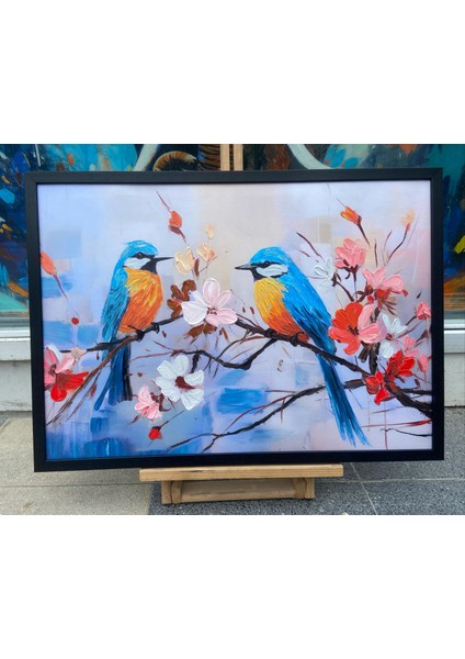 Yağlı Boya Dokulu Tablo Dalda Renkli Kuşlar U04005 indirimleri