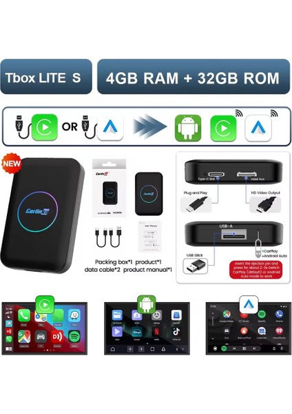 Carlinkit Tbox Lite S Kablosuz Carplay 4gb Ram 32GB Rom Android Youtube Netflix Hareket Halinde Video Oynatma modelleri