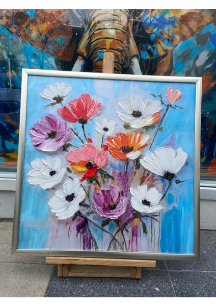 Yağlı Boya Dokulu Tablo Kabartma Çiçekler U02047 fiyatları