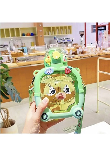 Sevimli 1000 ml Ayıcık Tasarımlı Çocuk Su Şişesi, Yeşil Renk