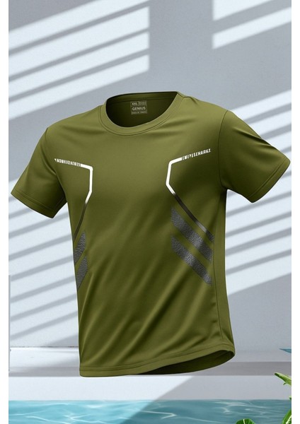 Erkek Spor Tişört Antreman Gym Polyester Erkek Sporcu t-Shirt Şeritli-Tişört