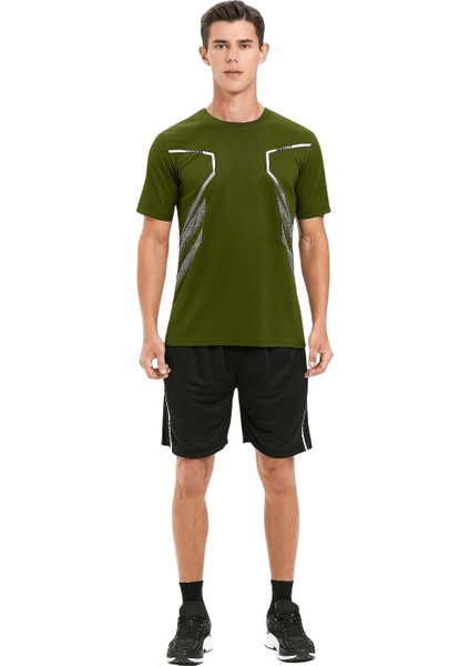 Erkek Spor Tişört Antreman Gym Polyester Erkek Sporcu t-Shirt Şeritli-Tişört fiyatları