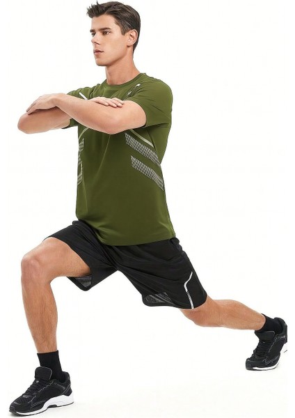 Erkek Spor Tişört Antreman Gym Polyester Erkek Sporcu t-Shirt Şeritli-Tişört fırsatları