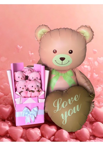 Kalpli Balonlu Ayıcık ile Pembe Peluş Ayıcık Buketi – Özel Hediye Seti