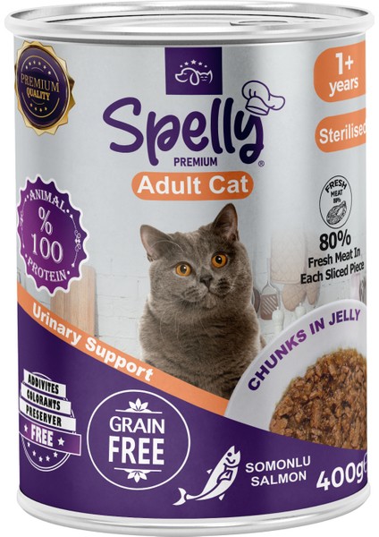 12 Adet x Spelly Kısırlaştırılmış Somonlu Yetişkin Kedi Maması Konserve (400GR)