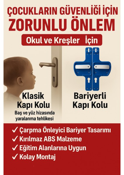Bariyerli Kapı Kolu |lacivert-Beyaz Renkli | Çocuk Güvenlikli | Okul ve Eğitim Alanlarına Uygun modelleri