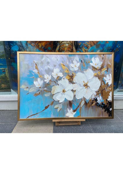 Yağlı Boya Dokulu Tablo Spatula Beyaz Çiçekler U02002