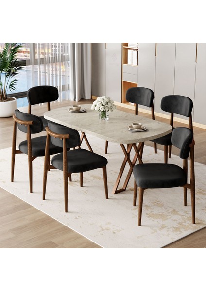 Jolin Serisi Mdf 90X168 Traverten Masa Takımı 6 Siyah Ahşap Kaplama Metal Sandalye