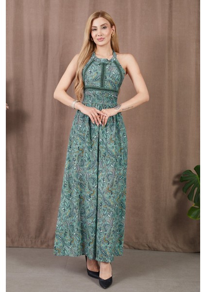 Etnik Desen Beli Büzgülü Sırt Dekolteli Elbise