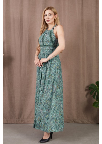 Etnik Desen Beli Büzgülü Sırt Dekolteli Elbise modelleri