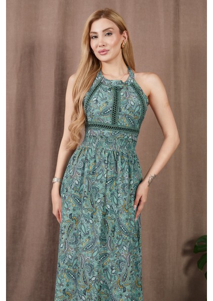 Etnik Desen Beli Büzgülü Sırt Dekolteli Elbise indirimleri