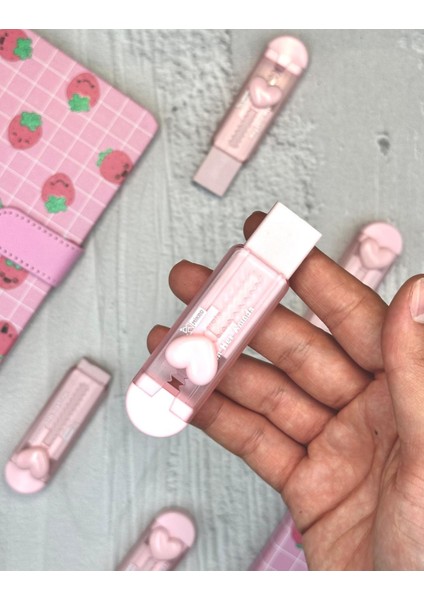 Pembe Renk Sevimli Kalpli Sürgülü Silgi / Kaydırmalı Silgi / E- Silgi