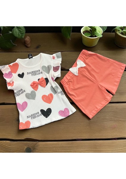 Kalp Baskılı Fiyonklu Taytlı Takım Nar Çiçeği