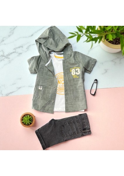 83 Nakışlı Gömlek Tshırt Şort Takım Yeşil