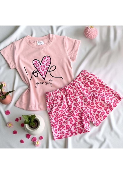 Love Yourself Baskılı Şortlu Kız Takım Pembe