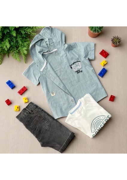 83 Nakışlı Gömlek Tshırt Şort Takım Mavi fiyatları