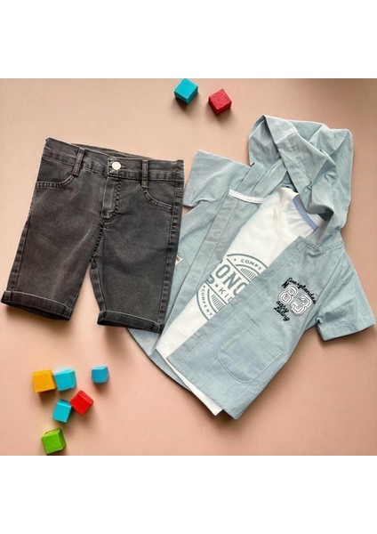 83 Nakışlı Gömlek Tshırt Şort Takım Mavi
