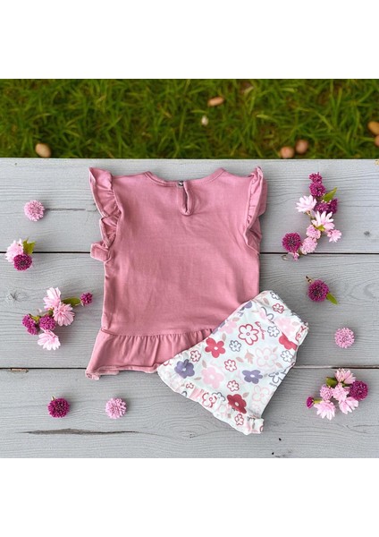 Papatya Baskılı Şortlu Kız Takım Gül Kurusu