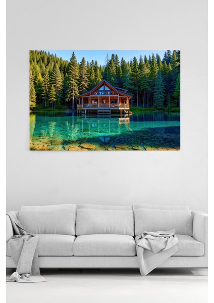 Göl Evi Manzarası Tablosu Huzurlu ve Etkileyici Dekoratif Kanvas %100 Pamuklu Sanat Eseri