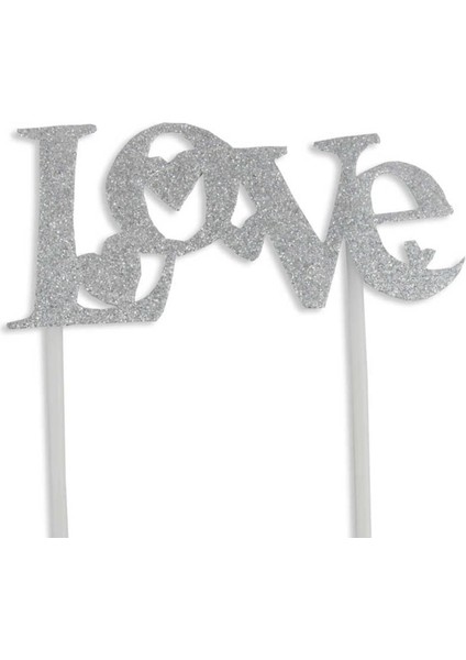 Gümüş Pasta Süsü Love, 14CM En, 17CM Boy, Şık ve Zarif Dekorasyon.
