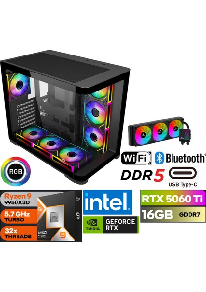 16 GB RTX 5060 TI RYZEN 9 9950X3D 32GB RAM 1TB SSD DDR5 RGB ULTRA GAMİNG DESKTOP PC