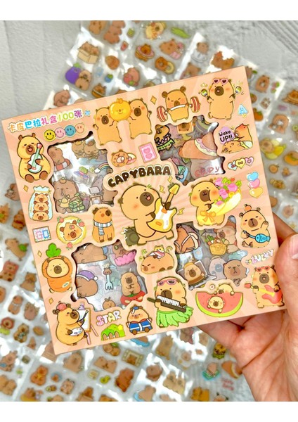 4 Bölmeli 100 Yaprak Capybara Desenli Şeffat Pet Sticker Kutu Su Geçirmez Sevimli Dostlar ile Müzik