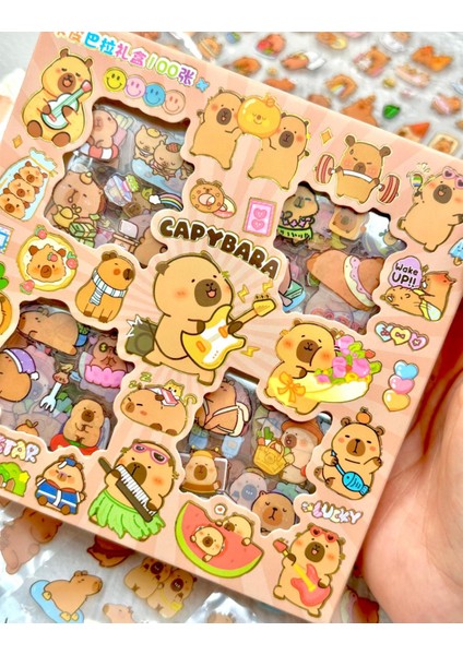 4 Bölmeli 100 Yaprak Capybara Desenli Şeffat Pet Sticker Kutu Su Geçirmez Sevimli Dostlar ile Müzik fırsatları