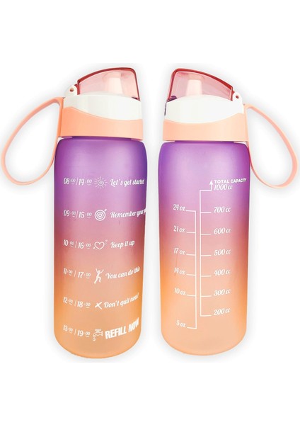 1 Lt Çift Renk Ölçü Baskılı Sağlıklı Plastik Su Şişesi, Turuncu, Motivasyon, Yavruağzı