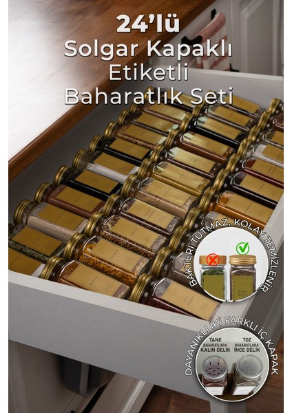 24'lü Cam Baharatlık Seti Gold Kapaklı Etiketli Baharatlık Takımı Mh00gld24