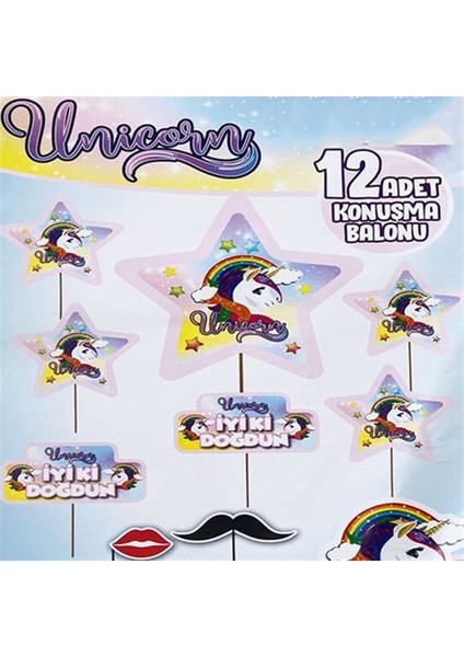 Renkli Unicorn Konuşma Balonları 12 Adet, Parti ve Dekorasyon Için Eğlenceli Seçenek