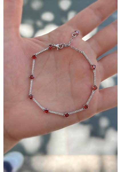 Gümüş Kırmızı Taşlı Su Yolu Bileklik IS798E5