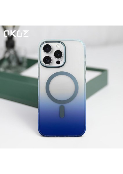 iPhone 14 Mavi Renk Geçişli Grace Premium Koruyucu Kılıf - Magsafe