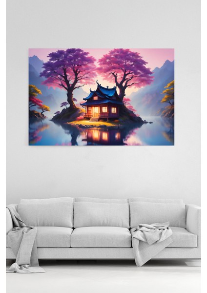 Sakura Ağaçları Altında Göl Evi Tablosu Mor ve Pembe Tonlarda Huzurlu Peyzaj %100 Pamuk Kanvas