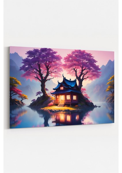 Sakura Ağaçları Altında Göl Evi Tablosu Mor ve Pembe Tonlarda Huzurlu Peyzaj %100 Pamuk Kanvas fiyatları