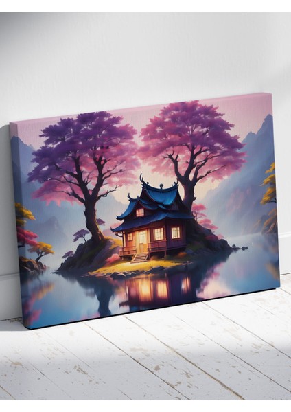 Sakura Ağaçları Altında Göl Evi Tablosu Mor ve Pembe Tonlarda Huzurlu Peyzaj %100 Pamuk Kanvas modelleri