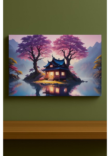 Sakura Ağaçları Altında Göl Evi Tablosu Mor ve Pembe Tonlarda Huzurlu Peyzaj %100 Pamuk Kanvas fırsatları