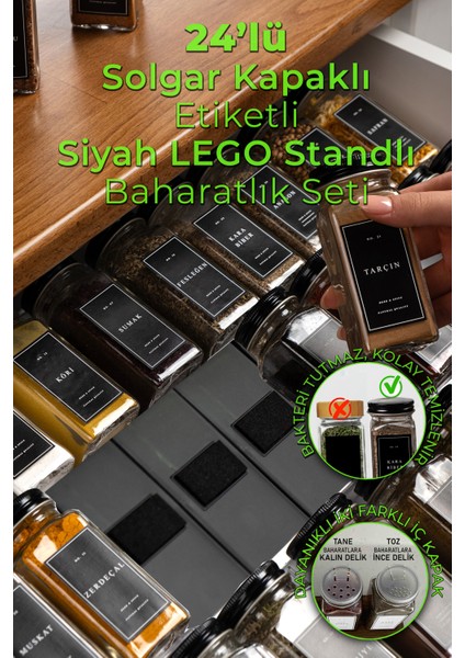 24'lü Siyah Kristal Plexi Standlı Cam Baharatlık Seti Kapaklı Etiketli Baharatlık Takımı MH04SYH24