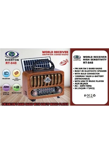 Radyoeverton RT-848 Nostaljik Görünümlü USB Sd Aux Bluetooth Destekli Solar Panelli Şarjlı + Pilli Radyo