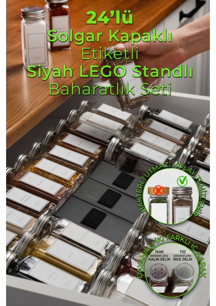 24'lü Siyah Kristal Plexi Standlı Cam Baharatlık Seti Kapaklı Etiketli Baharatlık Takımı MH04SLVR24