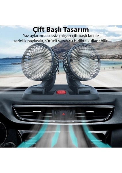 Ally F410 USB Çift Başlıklı Araç Fanı Oto Vantilatör Fan 10W 2 Kademe Hız Ayarı fırsatları