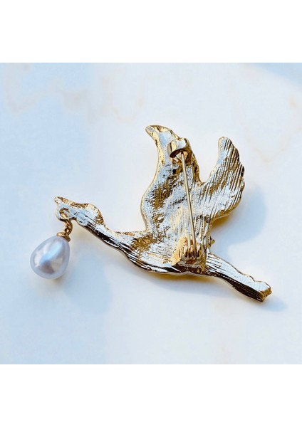 Inci Taşlı Renkli Mineli Altın Renk Tasarım Leylek Broş fiyatları