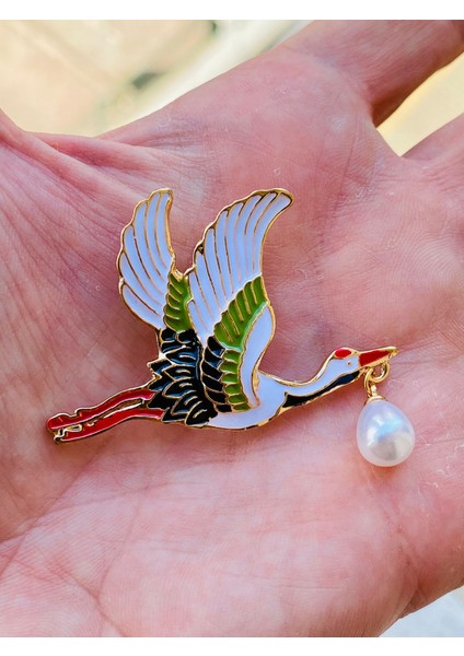 Inci Taşlı Renkli Mineli Altın Renk Tasarım Leylek Broş modelleri