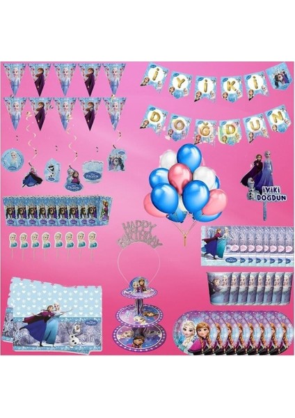 Elsa Temalı Doğum Günü Seti, 8 Kişilik, Taç ve 90 Parça