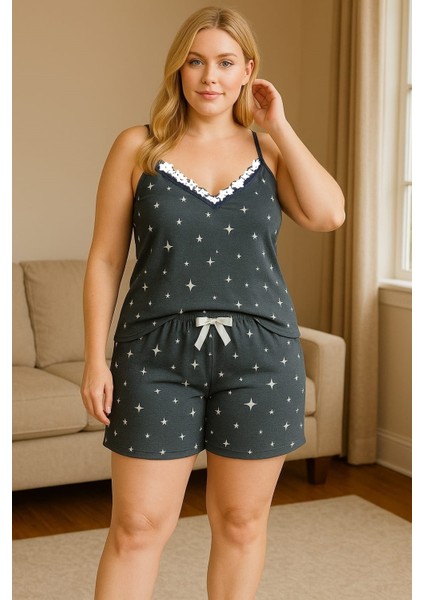 Kadın Büyük Beden Ip Askılı Bluz ve Şortlu Alt Üst Pijama - Geniş Kesim - Ölçüler Ürün Açıklamasında